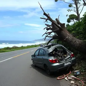 carro fica destruído após bater em árvore